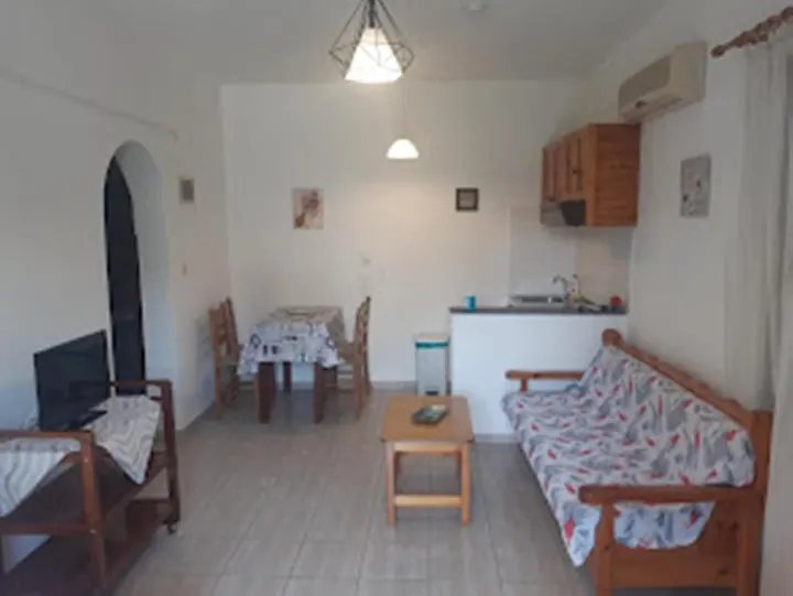 Καθιστικό με καναπέ, τραπεζαρία και κουζινάκι